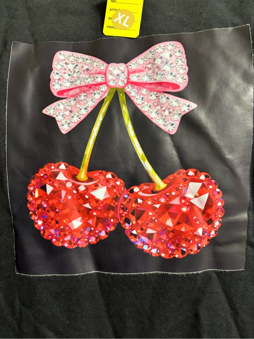 NEW Embellished Crystal Cherries Graphic Tee - Pink Bow, Red Cherries size XL